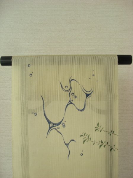 画像3: 長浜縦絽利休白茶色地名古屋帯＊琳派流水千鳥（未仕立）  (3)