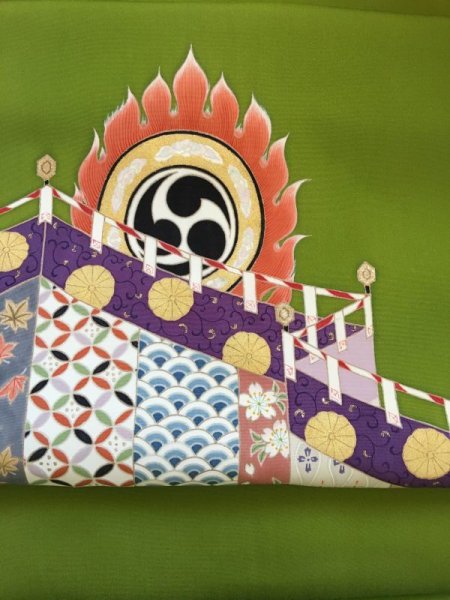 画像1: 塩瀬鶯色地九寸染帯＊火焔太鼓（未仕立て） (1)