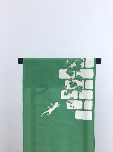 画像3: 新古駒絽緑色地名古屋帯＊ヤモリ（未仕立） (3)