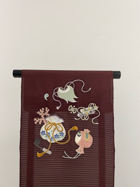 画像6: 五泉塩瀬絽濃茶色地九寸染帯/宝尽くし (6)