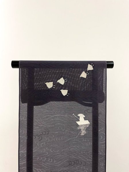 画像3: 新古紋紗濃墨色地九寸染帯＊千鳥（未仕立） (3)