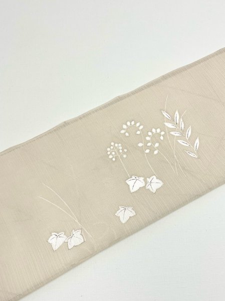 画像9: 新古紋紗ミルクティー色地九寸染帯＊月うさぎ（未仕立） (9)