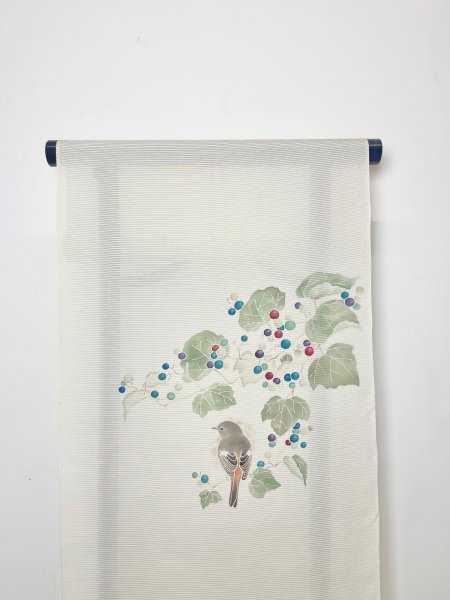 画像1: 新古駒絽利休白茶色地九寸染帯＊野葡萄（未仕立） (1)