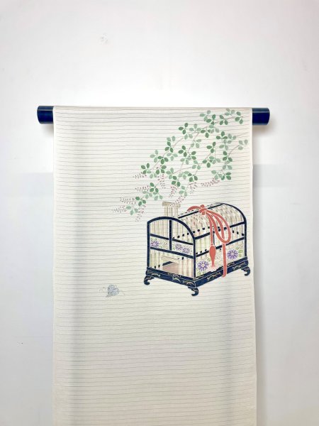 画像1: 五泉塩瀬絽象牙色地九寸染帯/虫籠 (1)
