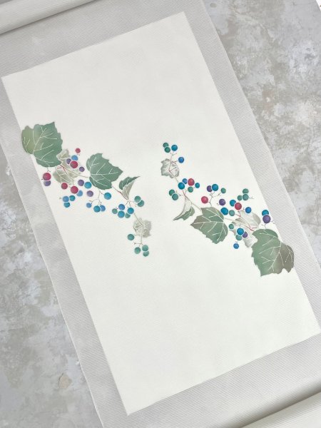 画像5: 新古駒絽利休白茶色地九寸染帯＊野葡萄（未仕立） (5)