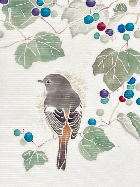 画像4: 新古駒絽利休白茶色地九寸染帯＊野葡萄（未仕立） (4)